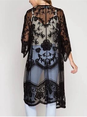 Jodiel Black Lace Kimono M/L Sheer Floral Boho Cardigan